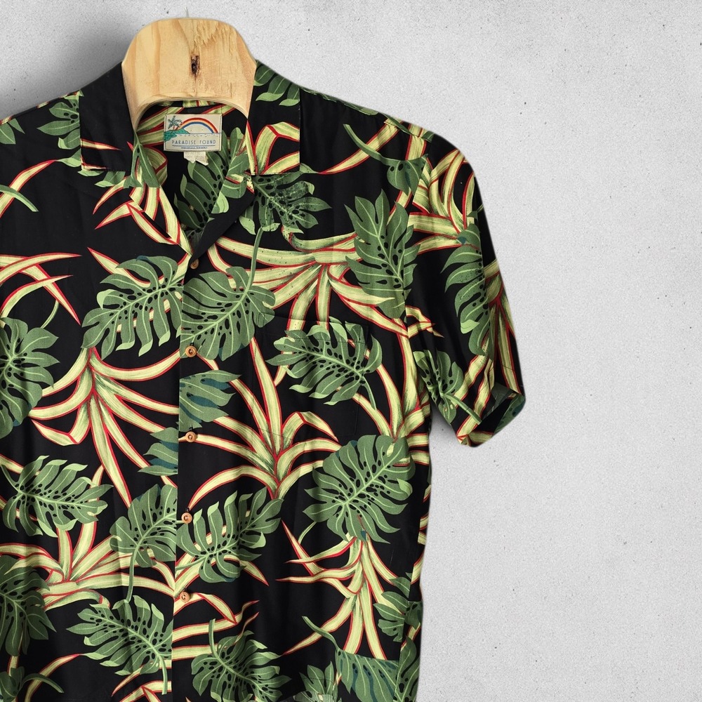 Paradise Found Mens Hawaiian Shirt‎ Black Monstera Leaf Rayon Aloha XL USA Made